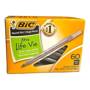 60~BIC in Selling #1 Pens Round Stic Xtra-Life Medium Point Ballpoint Black Ink